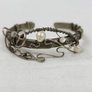 Vintage Wire Wrapped Pearl & Stone Cuff Bracelet Unique & Beautiful Silver Tone